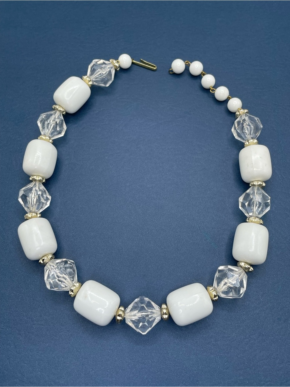 Vintage Western Germany White Clear Acrylic Beaded Statement Necklace